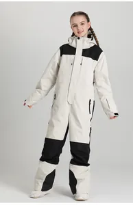 Front view of professional children's one-piece ski suit with windproof hood and pockets