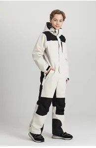 Detail view of kids one-piece ski suit with color-block design and waterproof zipper