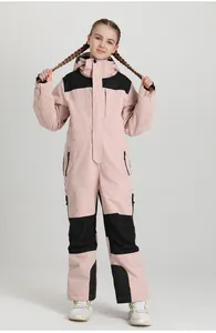 Detail of pink and black children's one-piece ski suit with functional zipper pockets