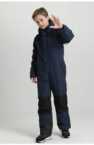 Front detail of kids waterproof ski suit with hooded collar and contrast panels