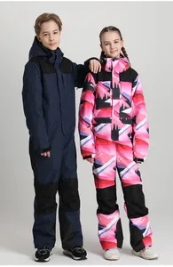 Kids insulated ski suits featuring windproof fabric and mountain print patterns
