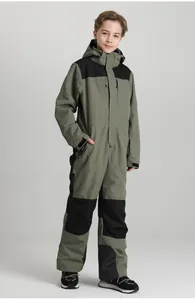 Detail view of children's one-piece ski suit with windproof zipper and waterproof fabric