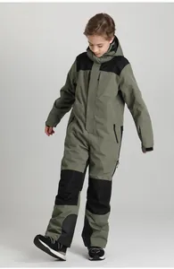 Detail view of army green kids ski jumpsuit with black reinforced wear-resistant patches