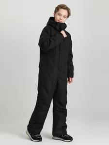 Kids black insulated ski suit featuring waterproof fabric and hooded one-piece design
