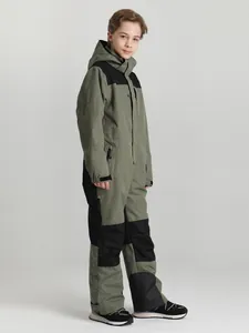 Kids professional one-piece ski suit in army green with windproof hooded design