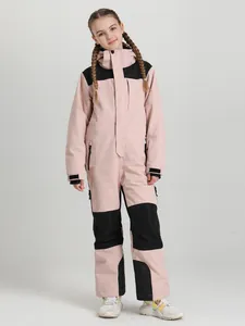Kids one-piece pink ski suit with windproof hood and thermal padding for winter sports