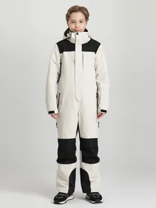 Kids one-piece ski suit in white and black, windproof and thermal insulated for winter