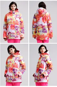 Multiple views of women's colorful hooded ski jacket with pink, orange and purple patterns