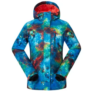 Women's waterproof ski jacket with nebula star print and insulated hood for winter sports