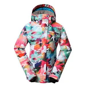 Professional vibrant colorful camo women's ski jacket with hood for outdoor sports