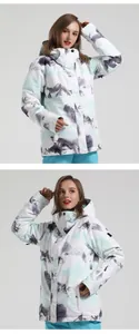 Detail van waterdichte ski-jas met bergprint en winddicht ontwerp met capuchon