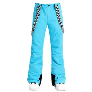 Waterproof sky blue ski bib pants with checkered suspenders for winter outdoor sports