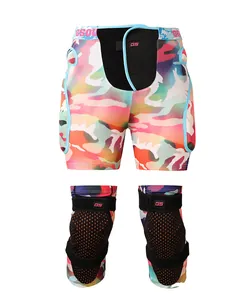 Detailed set of camouflage padded protective shorts and knee pads for skiing and skating