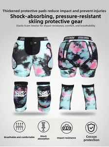 Detail view of tie-dye ski protective gear set with impact resistant foam padding