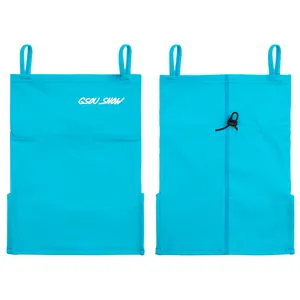 Front and back view of cyan ski face mask with ear loops and adjustable drawstring
