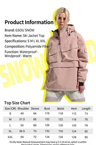 Detailed size chart for pink waterproof ski jacket with shoulder and chest measurements