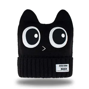 Women's Cartoon Cat Ear Knitted Beanie Hat Big Eye Embroidery Thermal Windproof Polyester Beanie Cap For Outdoor Skiing Cycling