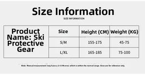 Size chart for ski protective gear set including height and weight guide for S to XL