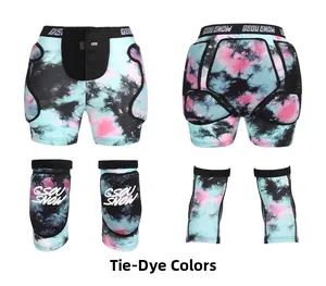 Detail view of tie-dye ski protective gear set including padded shorts and knee pads