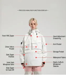 Detailed view of waterproof ski jacket with YKK zippers and multiple functional pockets