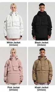 Unisex hooded ski anoraks in four colors with large front pockets and adjustable drawstrings