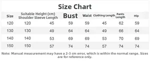 Size chart for kids thermal ski underwear set with height and measurements