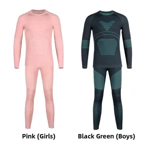 Detailed flat lay of kids thermal ski underwear set with seamless knitting textures