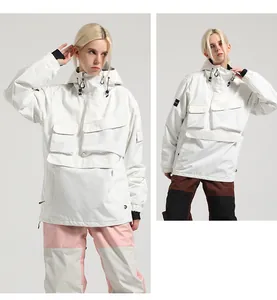 Detail of white waterproof hooded ski anorak with multi-pocket design and adjustable drawstrings
