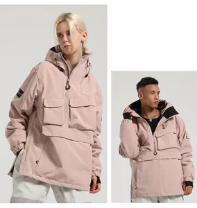Dusty pink waterproof hooded ski jacket for men and women featuring a large front pocket