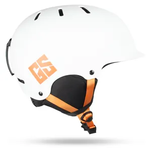 Casco da sci bianco opaco con logo GS arancione e sottogola regolabile per sport invernali