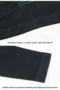 Detail of seamless grey thermal base layer showing wireless molding and ribbed knit cuffs