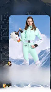 Detail view of mint green women's one-piece ski suit with slim fit belt and side stripes