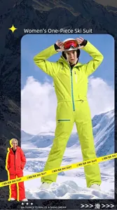 Detail of waterproof one-piece ski suit for women in neon green and red color