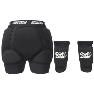 Padded protective ski gear set including black impact shorts and matching knee pads