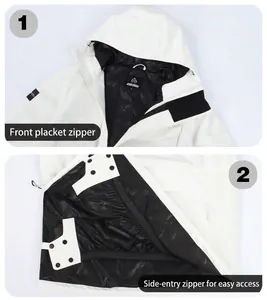 Waterproof ski jacket with front zipper and side zip vent for easy on and off wear