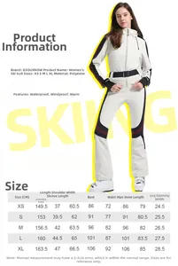 Detailed size guide for women's slim-fit waterproof ski suit with full body measurements