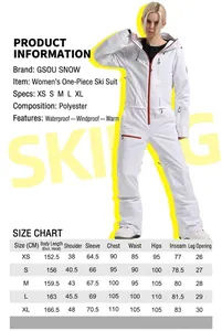 Detailed size guide table for women's professional waterproof one-piece ski suit set