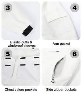 Detail view of ski jacket cuffs, arm pocket, chest velcro and side zipper pockets