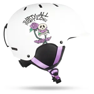 Casco da sci bianco con graffiti teschio viola, paraorecchie caldi e manopola regolabile