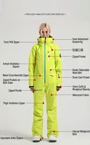 Fluorescent yellow one-piece ski suit with YKK zippers and breathable vents