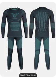 Detail view of men's thermal sports set in black and green with compression texture