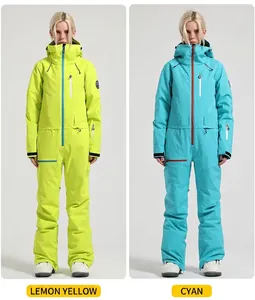 Waterproof one-piece ski suits for women in vibrant lime yellow and cyan blue colors
