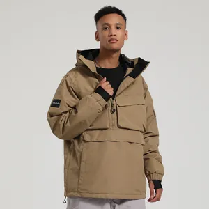 Men's khaki waterproof anorak ski jacket with large kangaroo pocket and hooded design