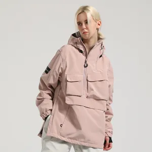 Waterproof pink hooded ski jacket anorak with front utility pocket for winter sports