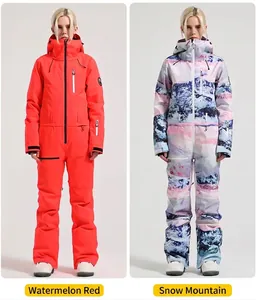 Watermelon red and snow mountain printed waterproof women's one-piece ski suits