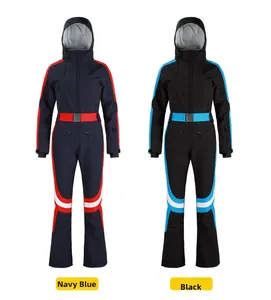 Detail comparison of slim-fit navy blue and black women's ski suits with belted waist