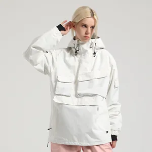 Waterproof white hooded ski jacket with utility pockets for outdoor winter sports