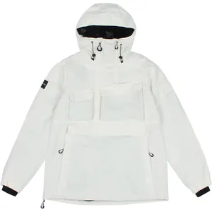 White hooded waterproof ski jacket with multiple tactical pockets for outdoor sports