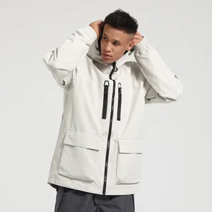 Loose fit waterproof hooded ski jacket in off-white with multiple tactical pockets