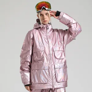 Roze holografisch skipak met jas met capuchon en broek voor snowboarden en skiën